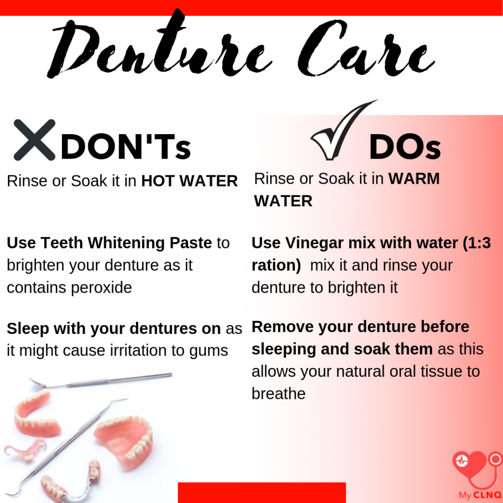 Soak dentures overnight. Most types of dentures need to stay moist to keep their shape. Place the dentures in water